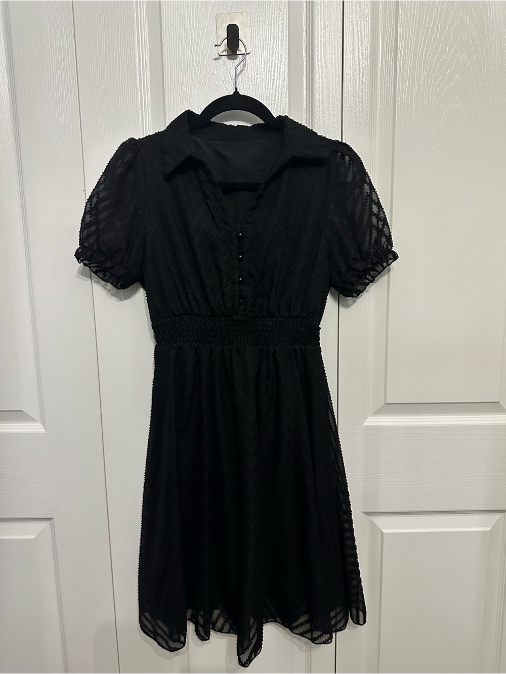 SHEIN Black Swiss Dot Mini Dress | Puff Sleeve | Collared | Size S